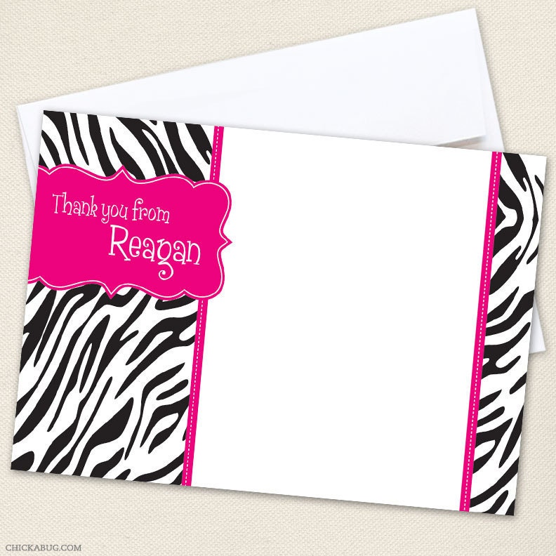 Zebra party in ANY COLOR - Set of 15 custom thank you cards - Printable file also available