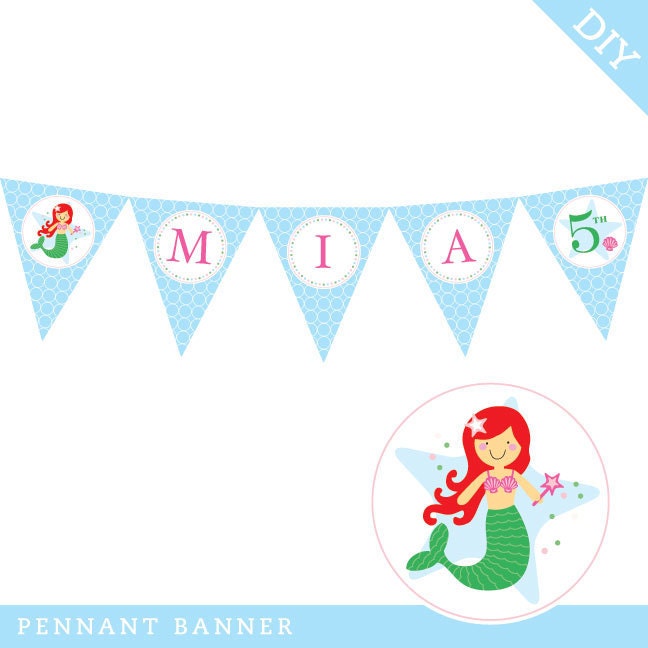 Mermaid party - Personalized DIY printable pennant banner - Choose your own mermaid