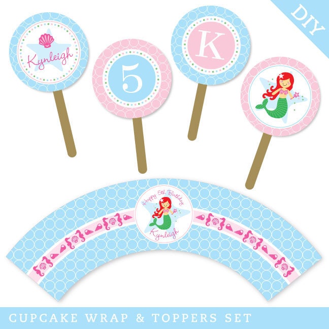 Mermaid party - Personalized DIY printable cupcake wrapper and topper set - Choose your own mermaid