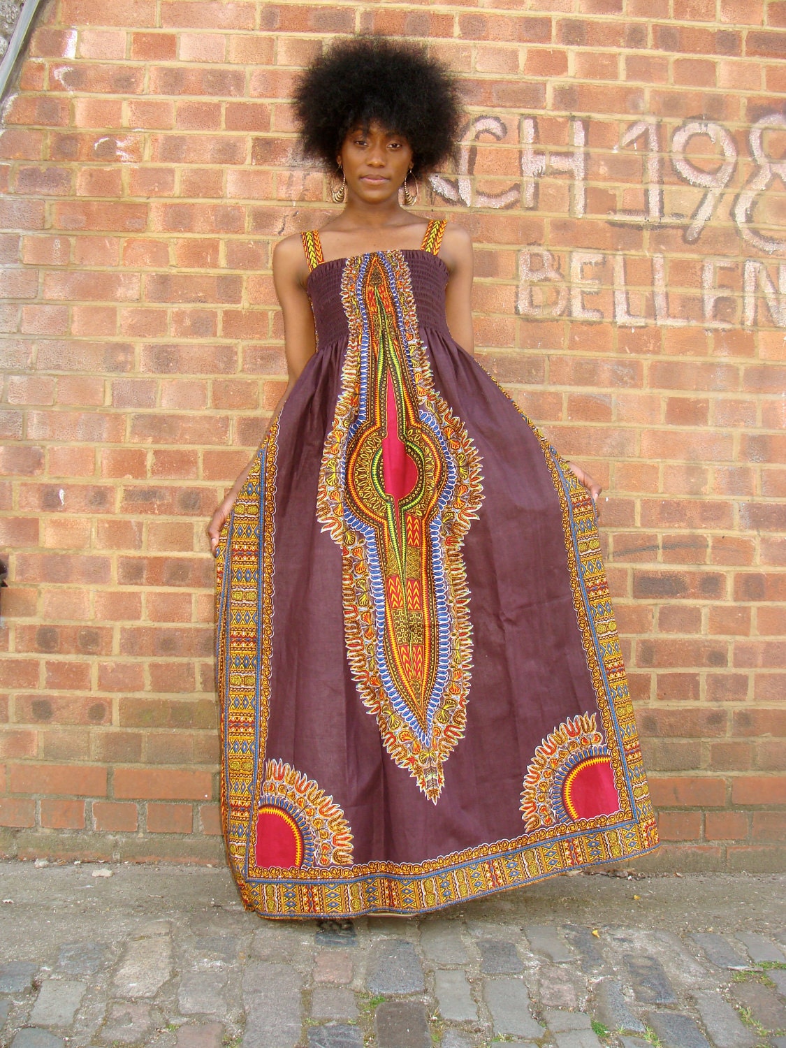 African Dashiki-Print Maxi Dress S/M Brown