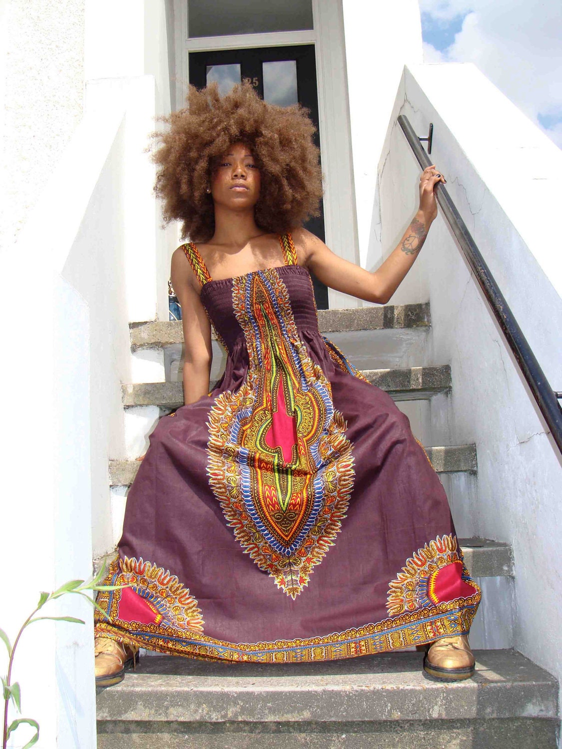 African Dashiki-Print Maxi Dress S/M Brown