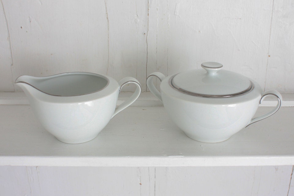 VIntage Rose China Sugar Bowl and Creamer: Silver Moon Pattern Cream and Sugar Set, White with Platinum Accent, Made in Japan