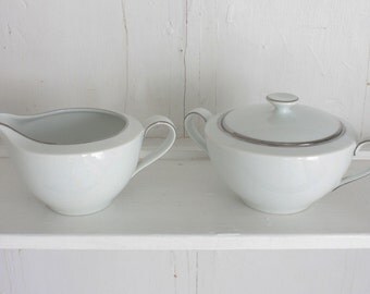 VIntage Rose China Sugar Bowl and Creamer: Silver Moon Pattern Cream and Sugar Set, White with Platinum Accent, Made in Japan