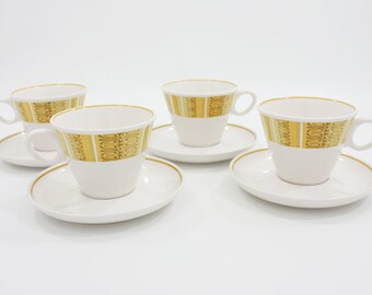 Vintage Franciscan Ware Cups and Saucers: Antigua Pattern Cup and Saucer Set of 4, Tiki Style with Yellow Design Motif