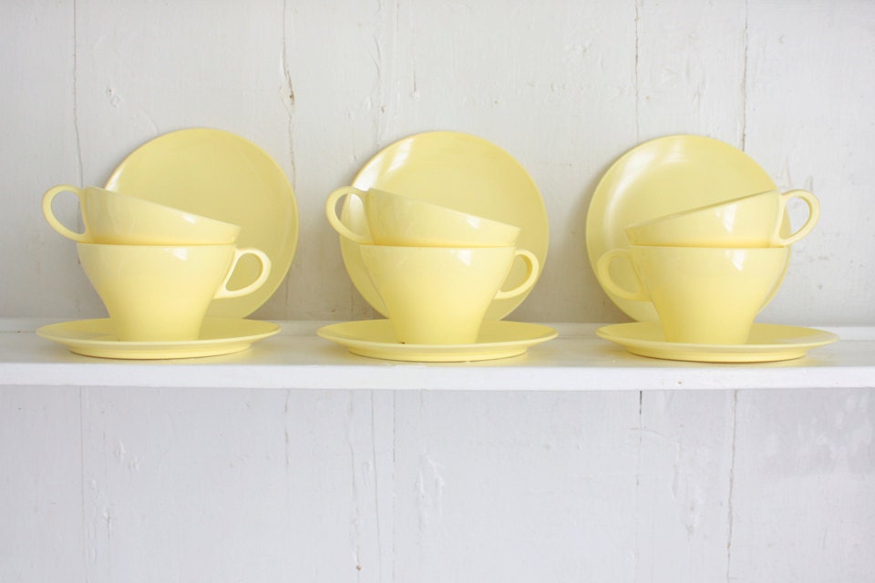 Vintage Melmac Cups and Plates: Lemon Yellow Dessert Set, Vintage Melamine Coffee Cups and Dessert Plates, 12 Piece Set