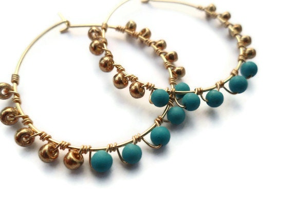 Blue & Gold Wire Wrapped Hoop Earrings
