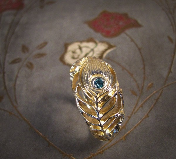 Peacock Ring with Blue Diamond (14K) Made to Order