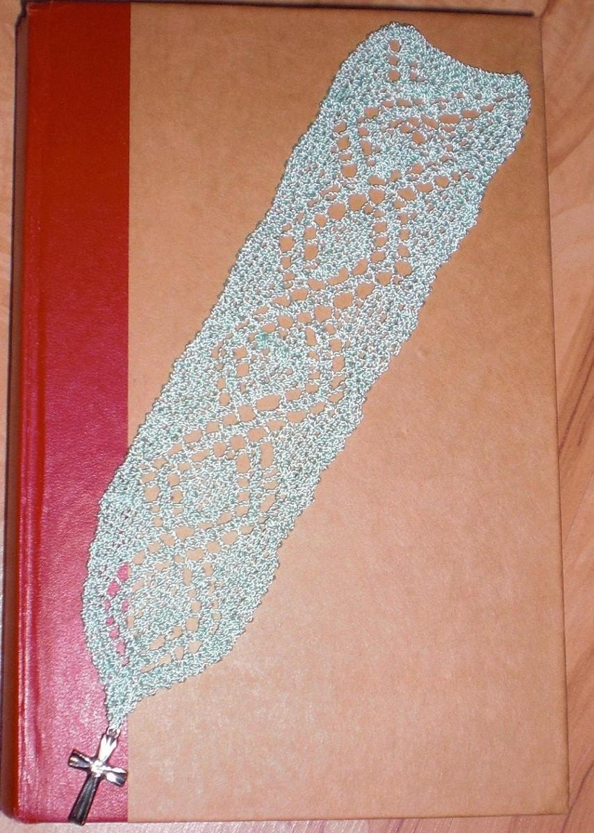 Handknit Bookmark with Metal Cross charm - Mint Lace
