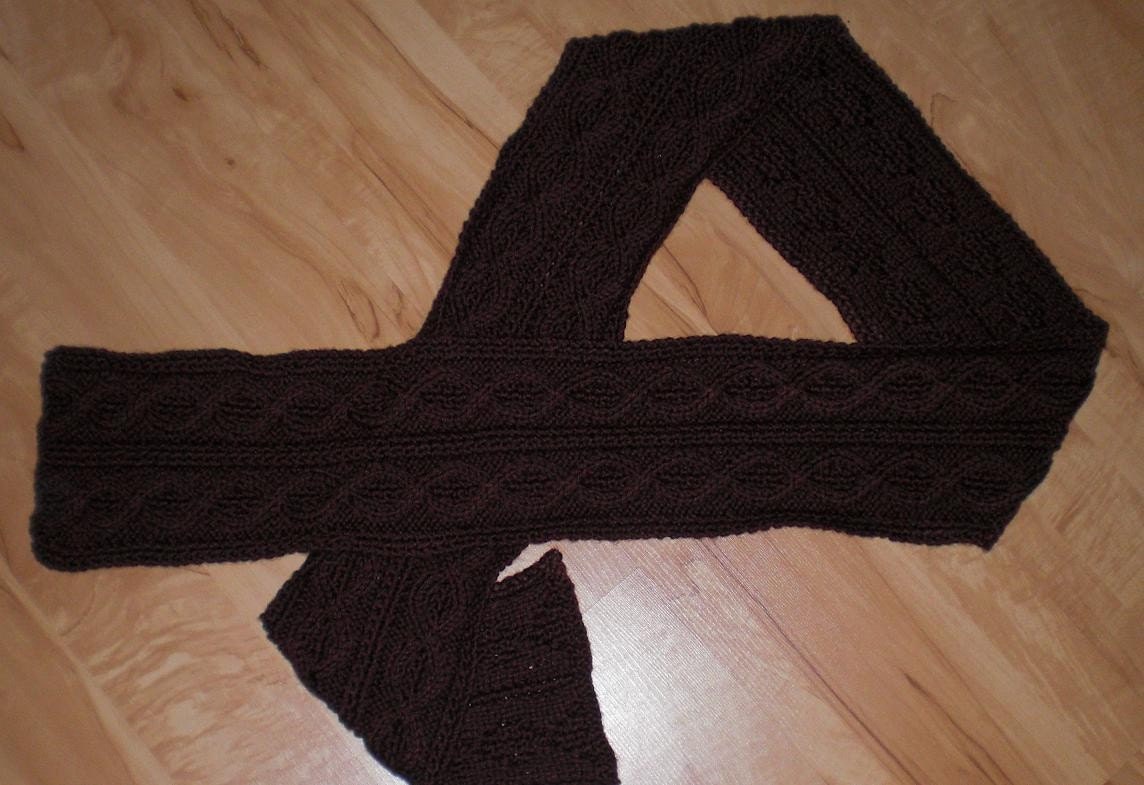 Handknit Skinny Scarf - Cabled Chocolate