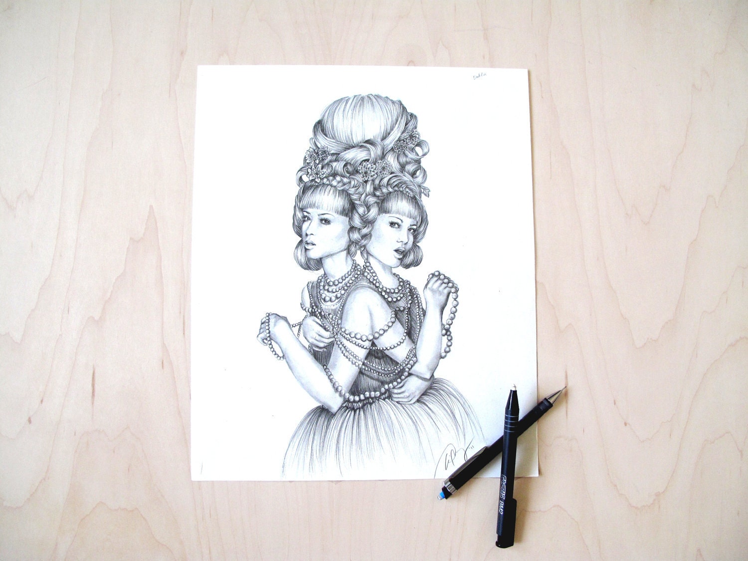 Dahlia- illustration- Siamese Twins- Black and white- Print- hair