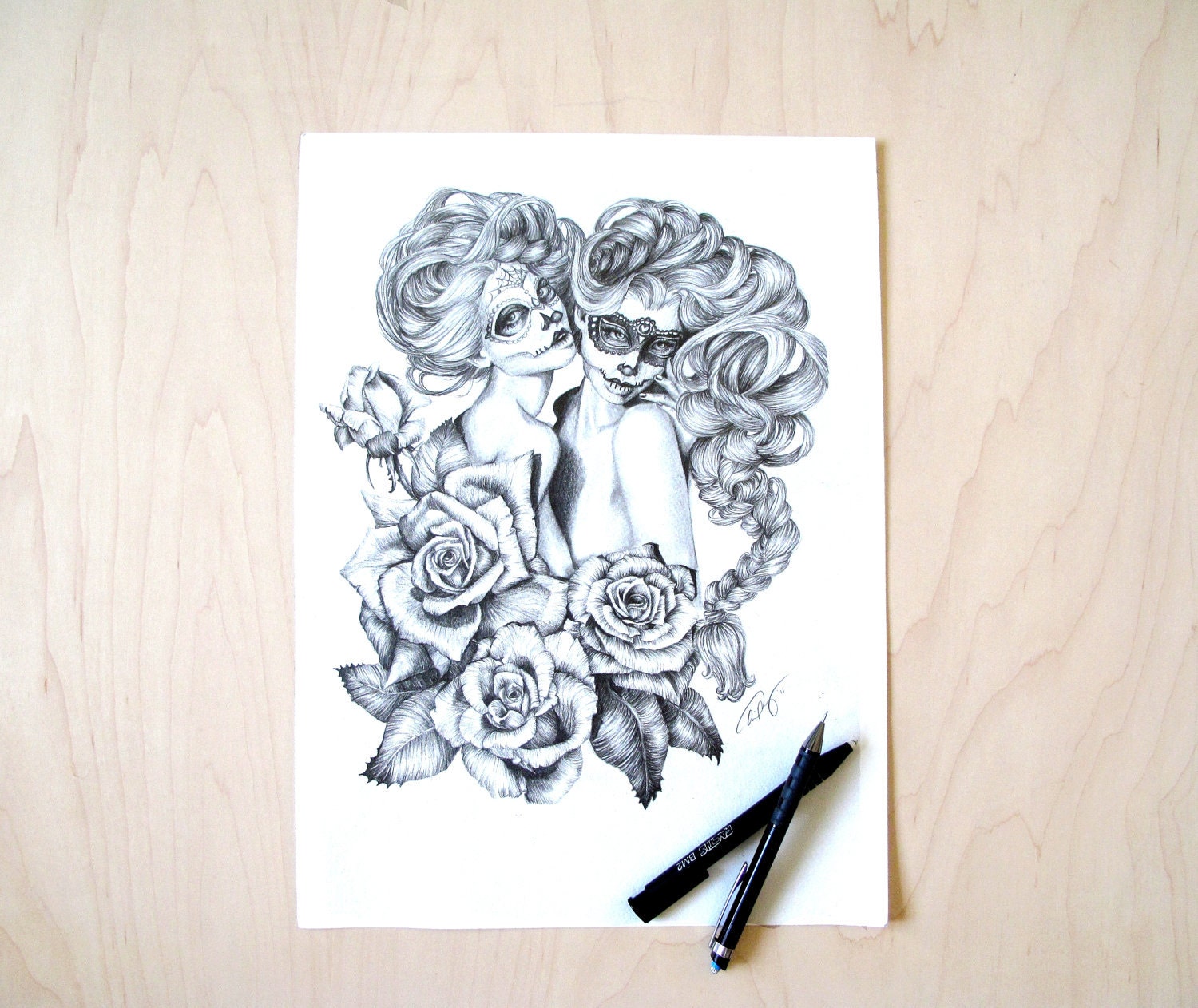 The Sugar Twins- illustration- Sugar Skull- Twins- Black and white- Print-tattoo- Halloween