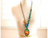 Tangelo and Tangerine with Turquoise Stripe Bronze Beaded Necklace