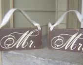 Mr and Mrs with Just Married Wedding Chair Signs.  6 X 12 inches, Vintage, double sided signs.  Bride Signs, Reception Signs, Decoration.