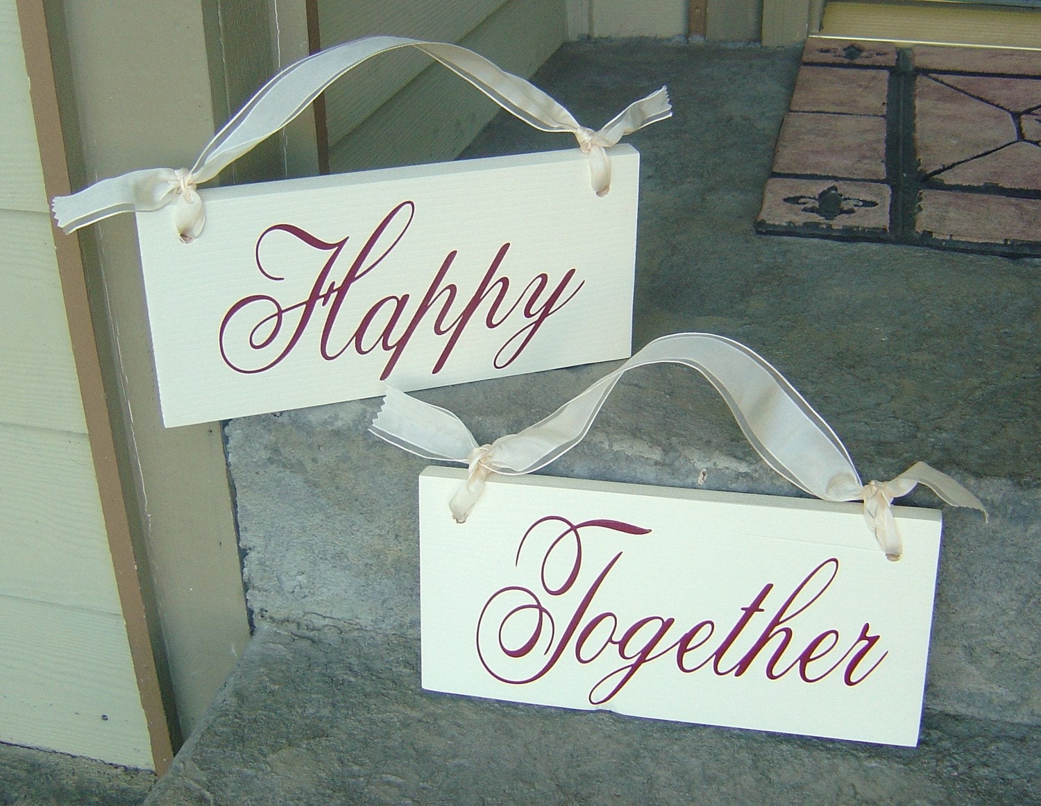 Wedding Chair Signs, Mr. and Mrs. with Happy Together on the back. 6 x 12 inches, Crisp Paint, 2-sided.  Photo Prop, Reception Sign.