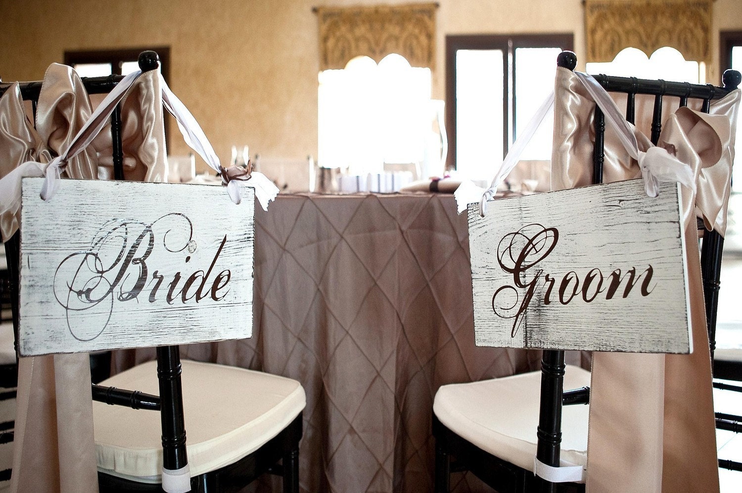 Bride and Groom Chair Signs. Vintage Paint, 1-sided, Wooden Wedding Signs, Photo Props, Wedding Reception. Featured on Etsy Front Page.