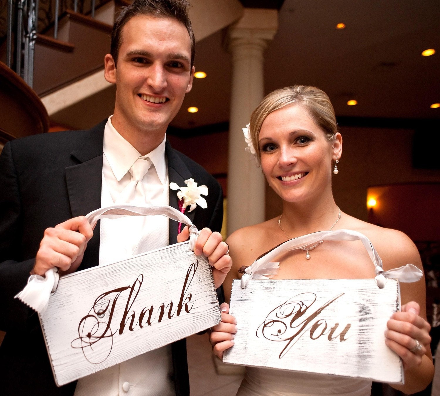 Rustic Wedding Signs Thank You Chair Signs with Bride and Groom on reverse side. Vintage, 2-sided, Photo Props. Wedding Seating Signs.