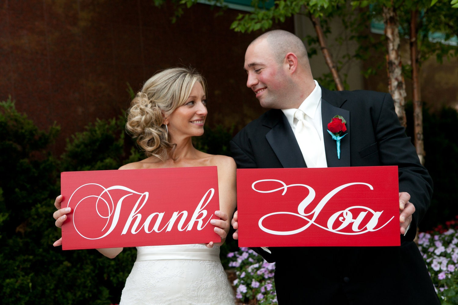 Photo Prop Signs, Thank You Signs, Wedding and Engagement Signs. Thank You with Mr. & Mrs. Crisp Red Paint, 8 X 16 in., 2 Signs, 2-sided.