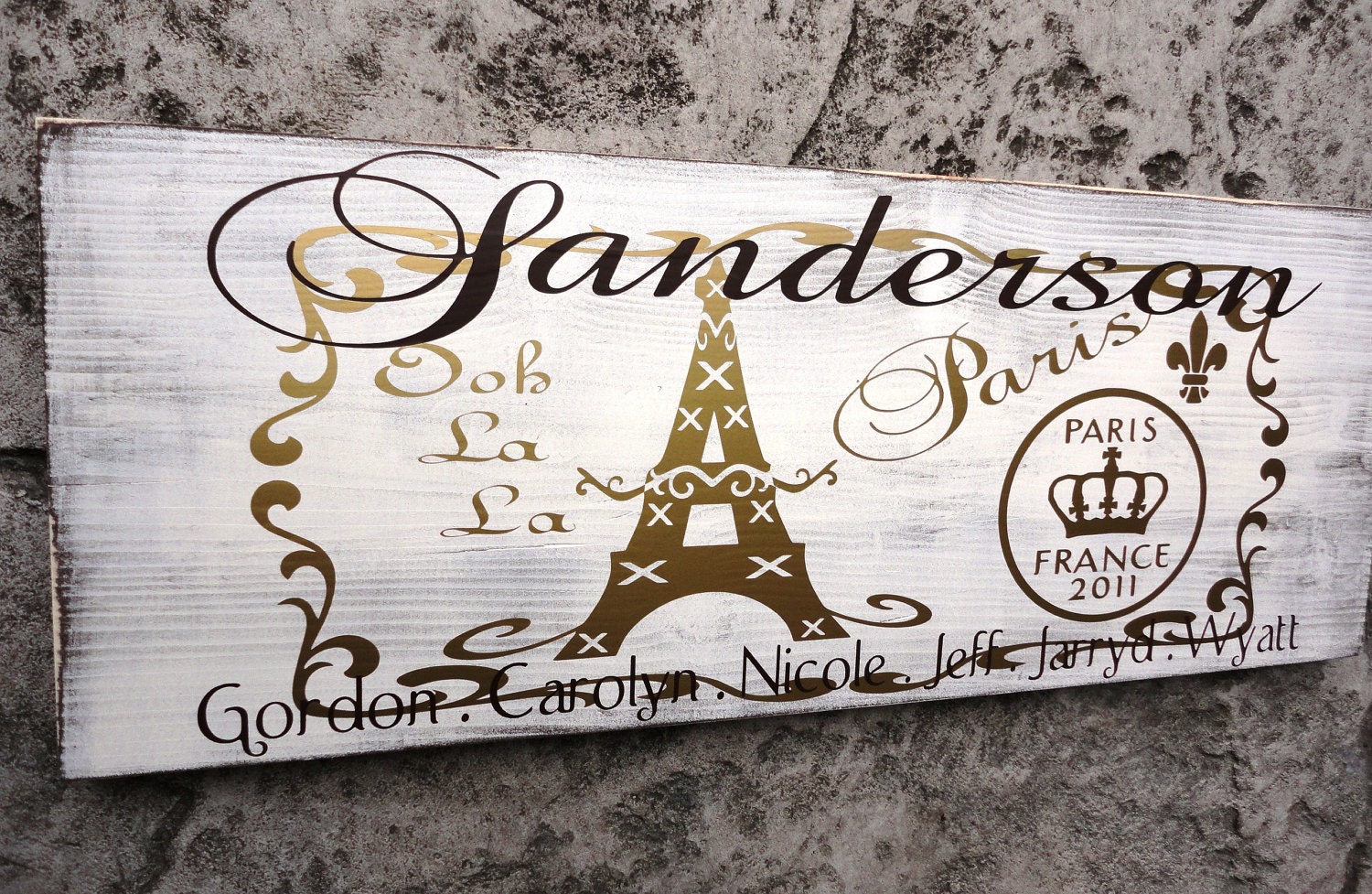 Vintage Family Name Sign, Last Name Sign with First Names, Home Sign. Paris Themed.  Eiffel Tower and Crown Artwork. 10 X 24 inches.