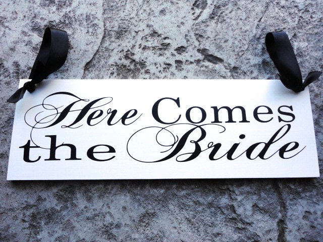 Wedding Sign, Here Comes the Bride with Mr. and Mrs., Bride and Grooms Name with Date on reverse side. 8 X 24 inches, 2-Sided. Bridal Sign.