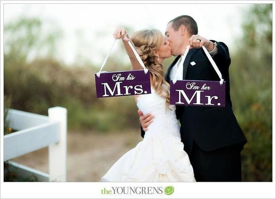 Wedding Chair Signs, I'm her Mr. & I'm his Mrs. with Just Married on the back. 6 x 12 inches, Crisp Paint, 2-sided Photo Prop.