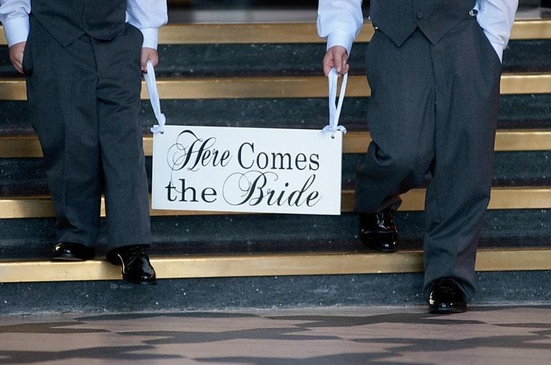Here Comes the Bride with And they lived Happily ever after Wedding Sign. Seen in Style Me Pretty. 8X16, 2-Sided. Flower Girl, Ring Bearer.
