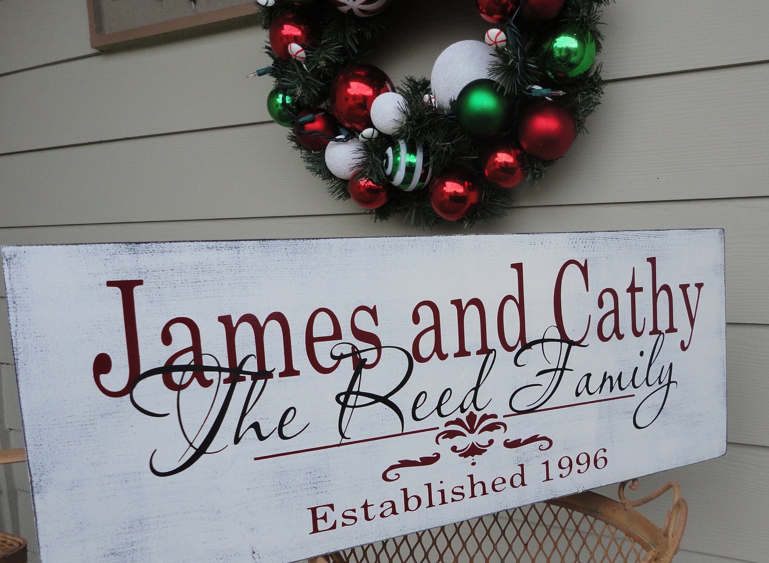 Christmas Gift Sign, Family or Last Name Sign with Damask. Gift Sign for Holidays, Decoration, Christmas Wedding Sign with Est. Date.