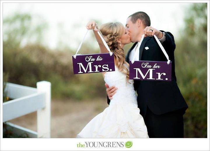 Wedding Chair Signs, I'm her Mr. & I'm his Mrs. with Just Married on the back. 6 x 12 inches, Crisp Paint, 2-sided Photo Prop.