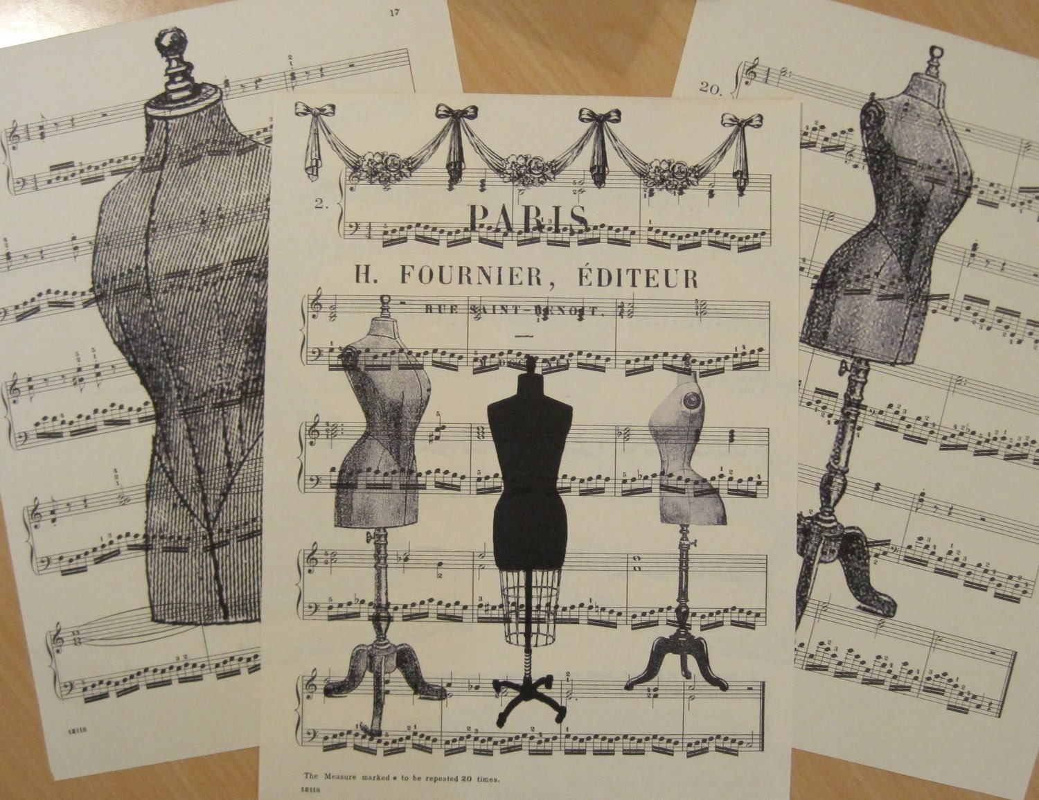 french dress forms shabby chic sheet music design 2 lot of 3