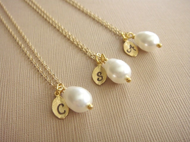 Bridesmaid Gift - 3 Cream or White Pearl Hand Stamped INITIAL Necklaces in 14K Gold Filled - choose your pearl color