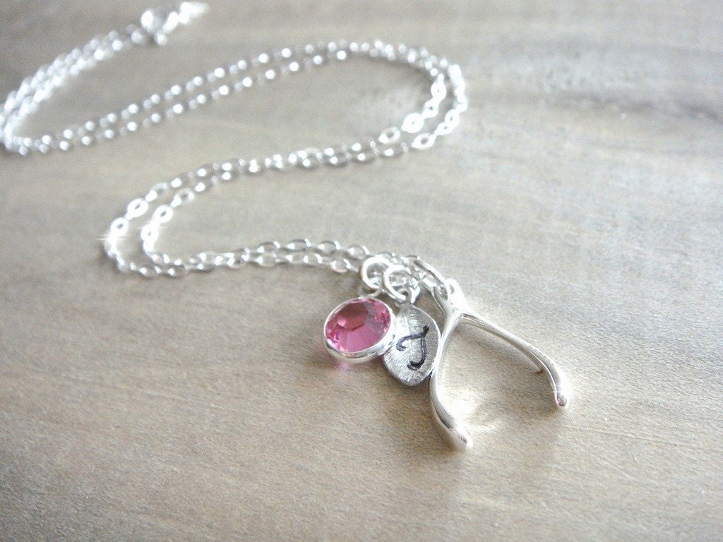 Personalized Sterling Silver Wishbone Necklace - Hand Stamped Letter and Birthstone - Wedding, Bridal, Bridesmaid, Mother's Day