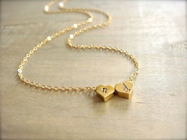 Two Heart Initial Necklace in Gold - REVERSIBLE - Bride, Bridal, Bridesmaid gift, Wedding, Mother's Day, Anniversary