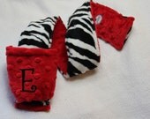 Personalized Camera Strap Cover Set in ALL MINKY - Zebra and Red Minky with Dual Lens Cap Holder