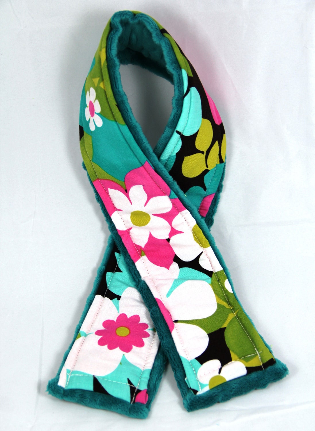 Camera Strap Cover- Michael Miller Brady Bunch with Teal Minky