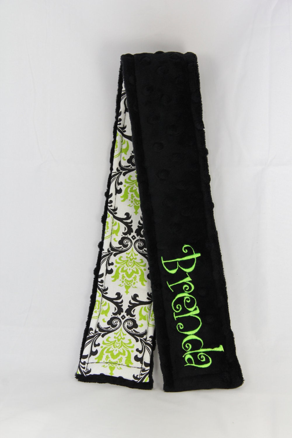 Personalized Name Camera Strap Cover - black and lime damask black minky