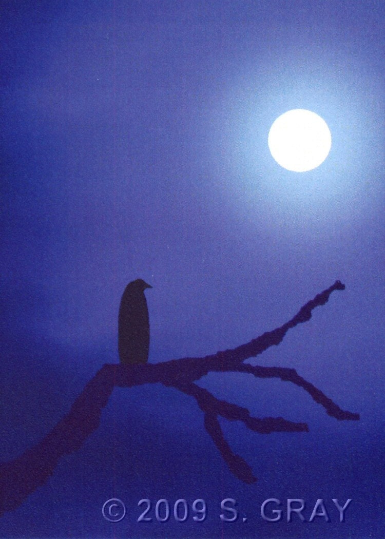 ACEO Watching digital art print crow raven moon gothic goth night Halloween limited edition nitelvr