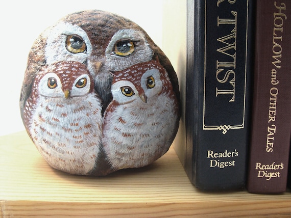 Owl Book End ,Painted Rock , baby owls by Carriveau