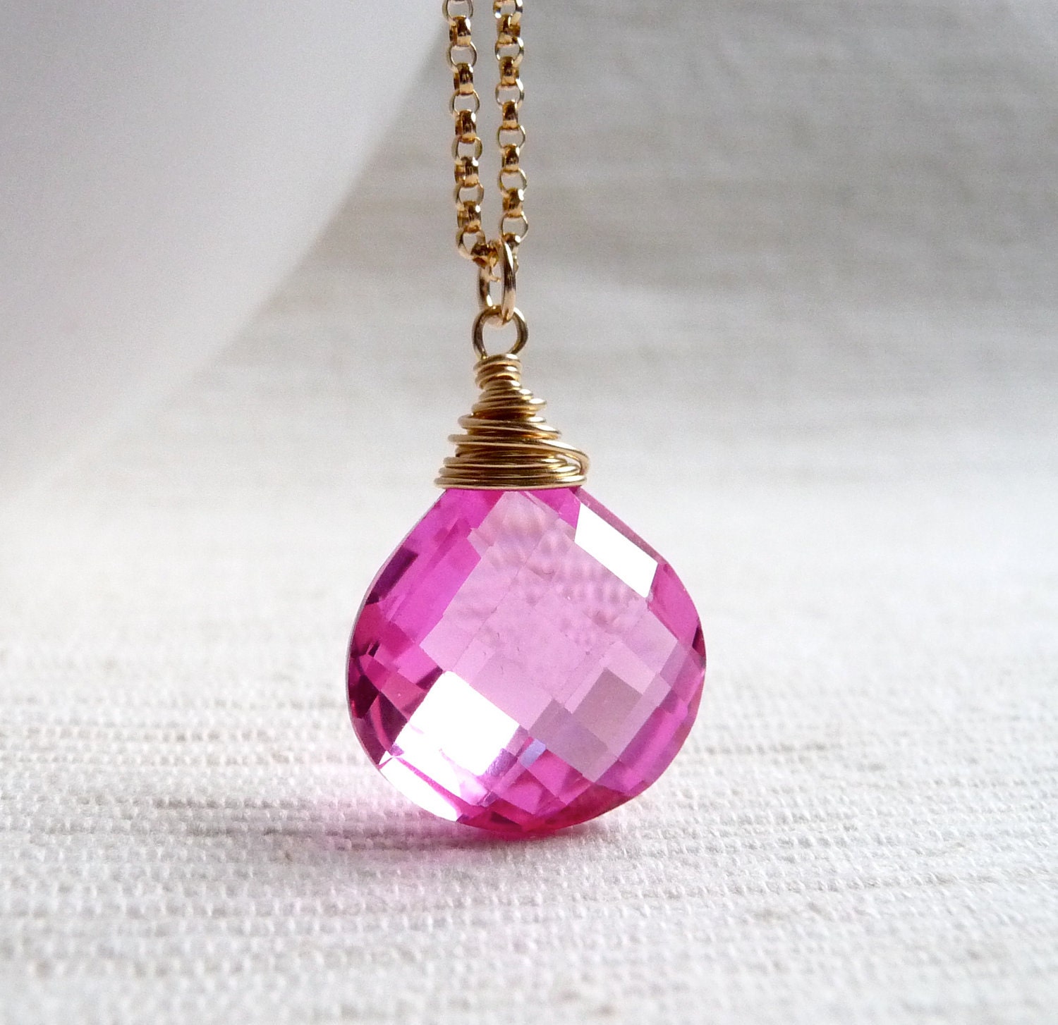 Pink Quartz Necklace, Valentines Day Necklace, Pink Hydro Quartz Gemstone Necklace, Faceted Briolette, Gold Filled Chain Necklace - karinagracejewelry