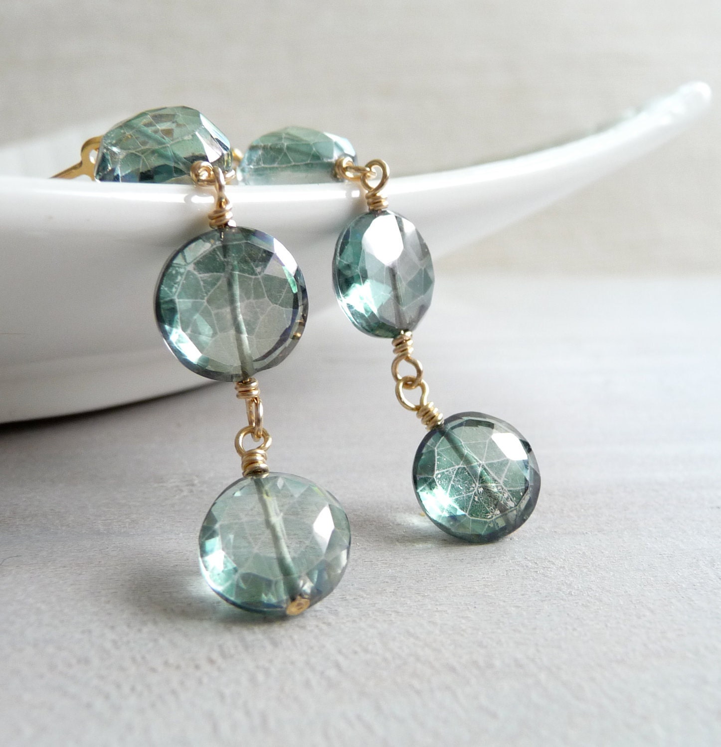 Green Quartz Earrings, Faceted Mystic Quartz Coin Earrings, Gold Filled Dangle Earrings, Under 50