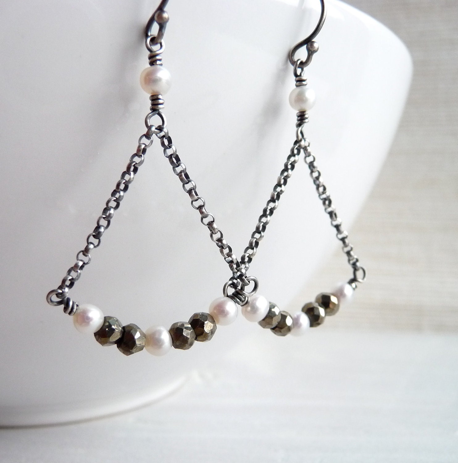 Pyrite Earrings, Pearl Hanger Earrings, Freshwater Pearl, Fools Gold, Oxidized Sterling Silver, Chain Earrings, Under 25