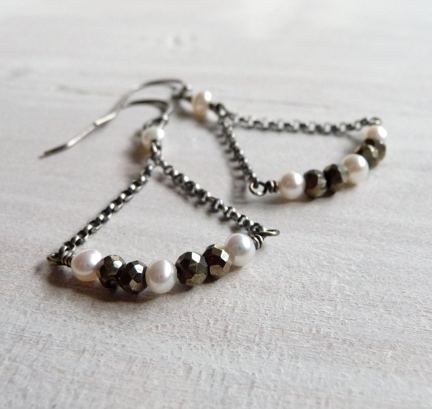 Pyrite Earrings, Pearl Hanger Earrings, Freshwater Pearl, Fools Gold, Oxidized Sterling Silver, Chain Earrings, Under 25