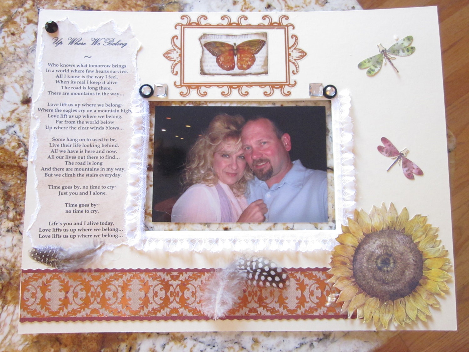 WEDDING SONG Memory FRAME, Your song on hand made tea-stained paper with a picture of you together in Embellished Mat, Custom Design