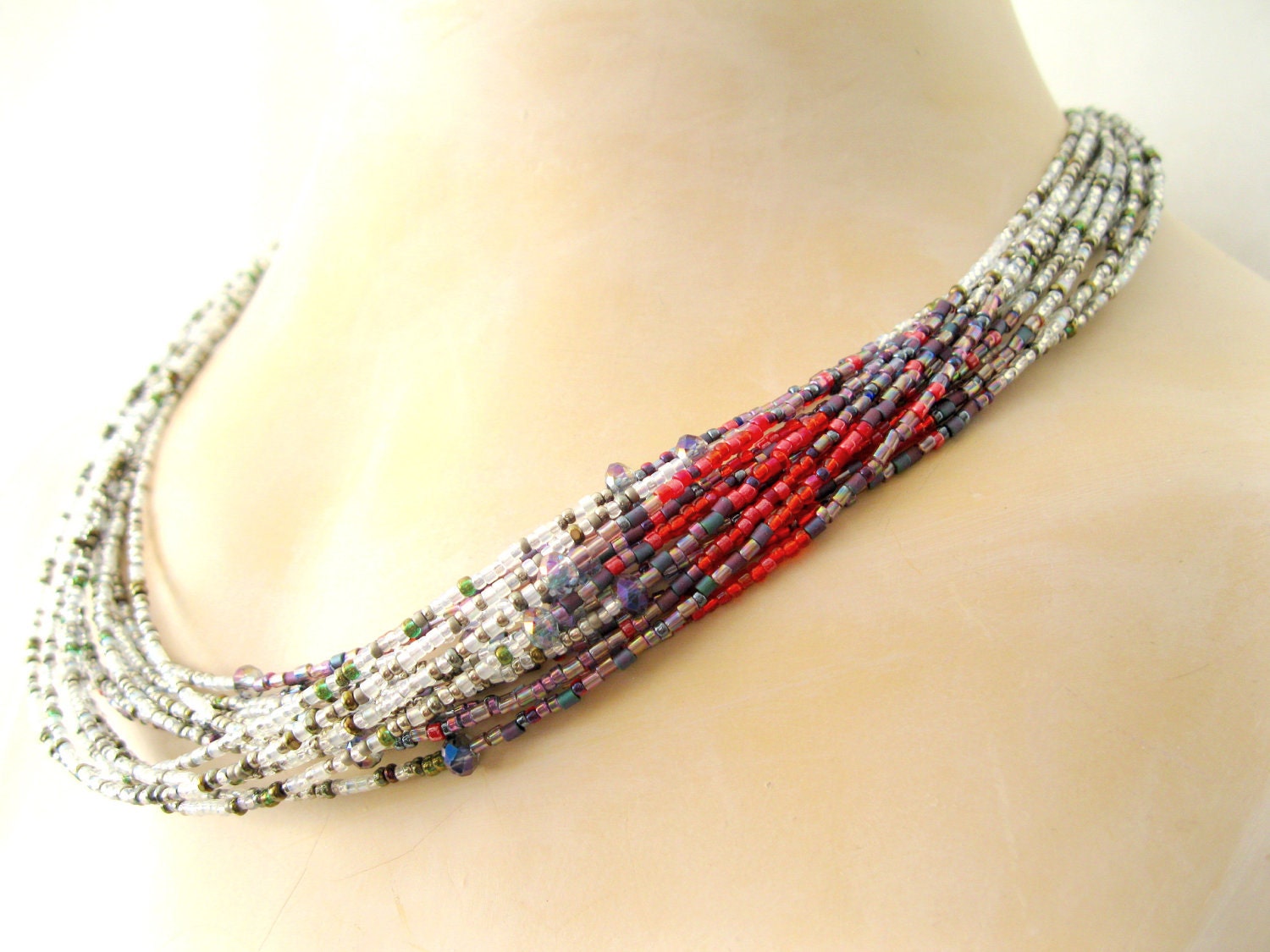 White and Crimson Red ECLIPSE of THE HEART necklace multistrand red Japanese seed bead handmade necklace free ship