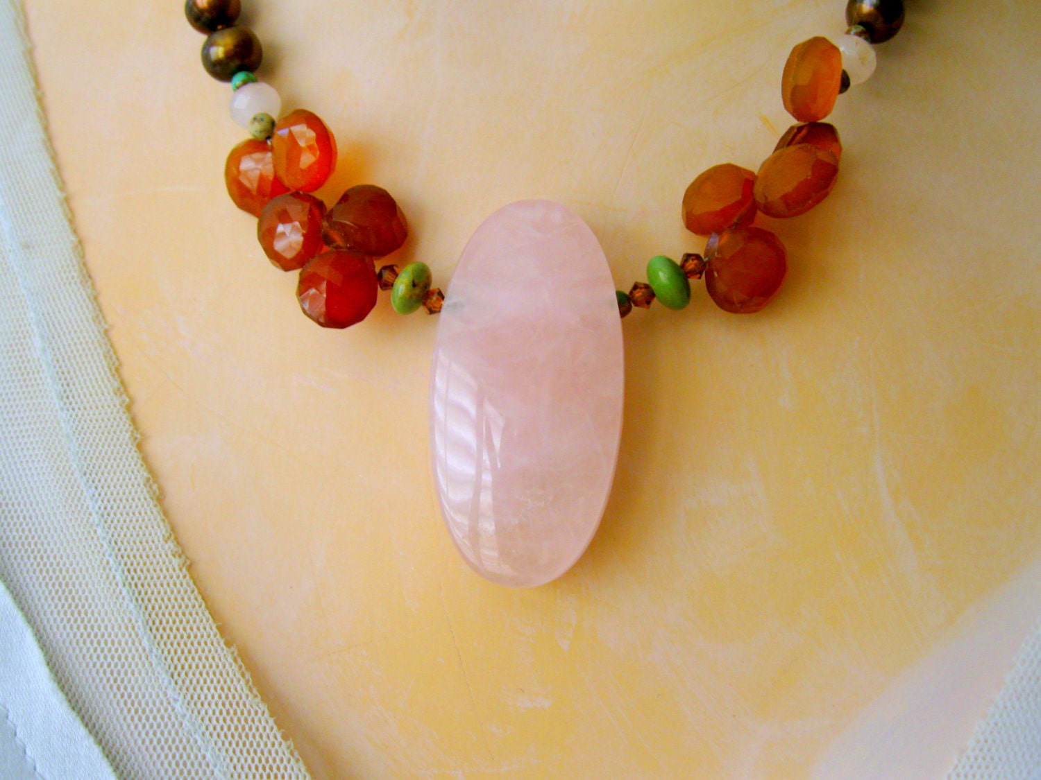 Pearl necklace Rose Quartz Rootbeer Pearls and Chalcedony with Turquoise ROOTBEER FLOAT Sterling Handmade Jewelry
