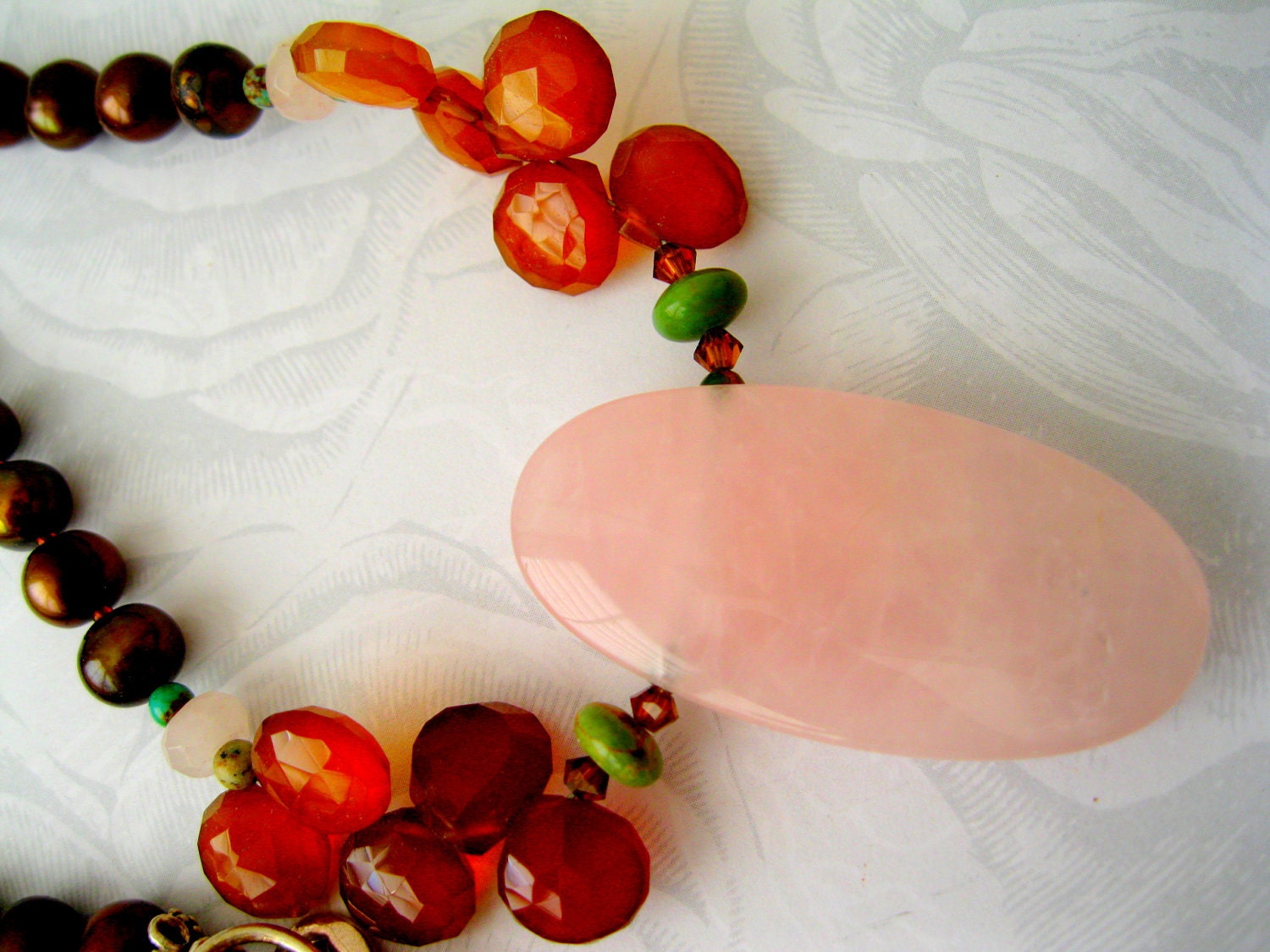 Pearl necklace Rose Quartz Rootbeer Pearls and Chalcedony with Turquoise ROOTBEER FLOAT Sterling Handmade Jewelry