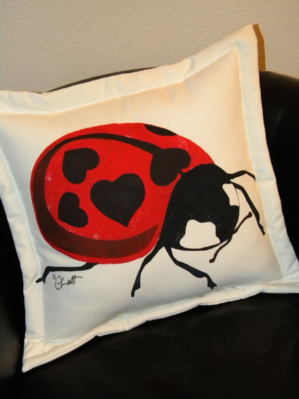 Special Edition Ladybird Beetle 20" pillow ladybug painted love bug lovebug seven spotted heart spots black white red entomology Volkswagen
