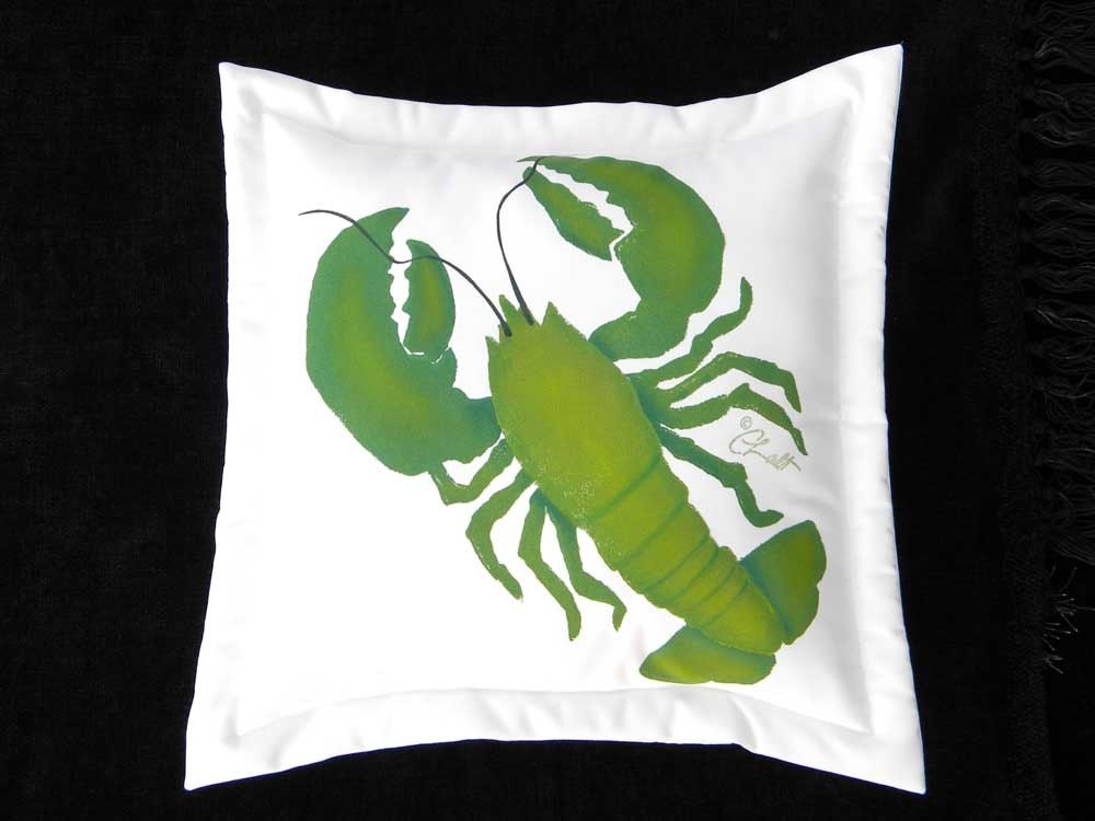 Lobster pillow 20" green emerald  chartreuse indoor outdoor seashore beach Australian chef  seafood crustacean seaside Crabby Chris Original