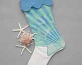 Scallop shell blue aqua 24" Christmas stocking white coastal beach seashell shelling beachcombing ocean