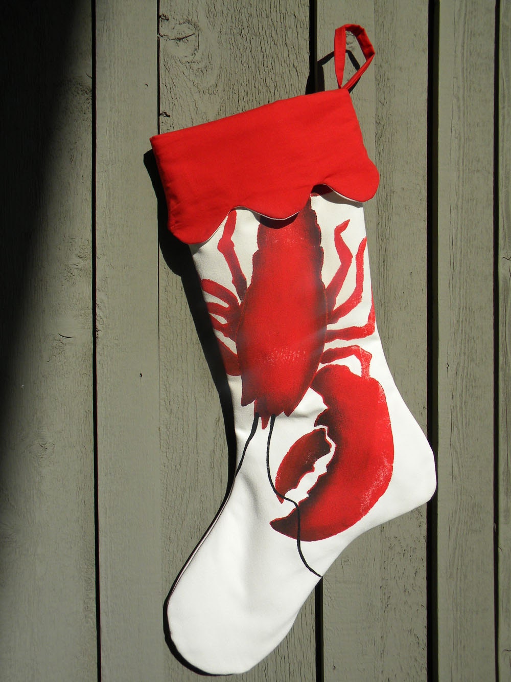 Lobster Christmas 24" stocking red painted seafood coastal seashore beach crustacean lobsterman fishing dining lobstah Firstfridayartwalk