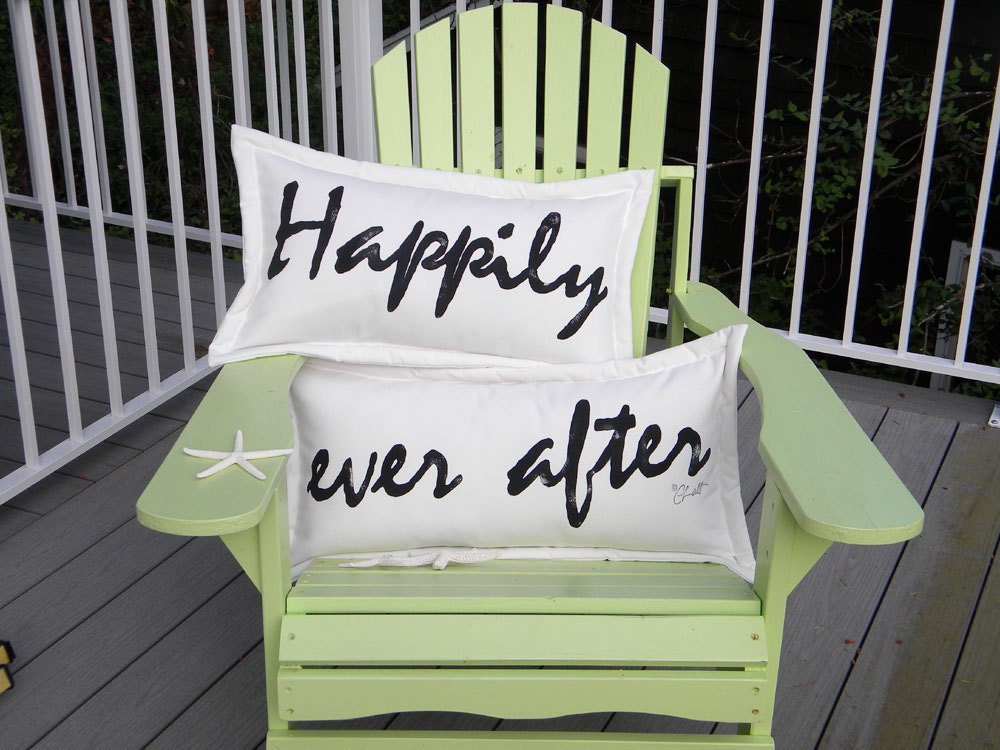 Happily Ever After pair of  pillows indoor outdoor engagement wedding nuptuals marriage bride groom all weather Crabby Chris Original