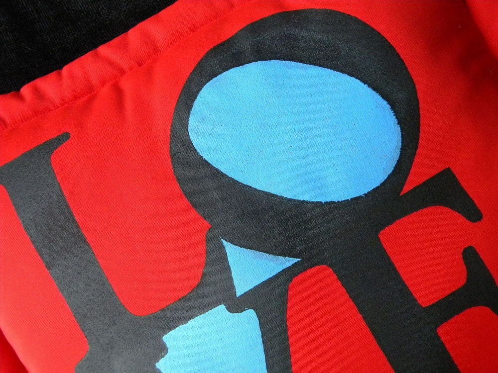 L O V E pillow 20" red blue black seventies groovy Robert Indiana pop art graphic message postage stamp Crabby Chris Original